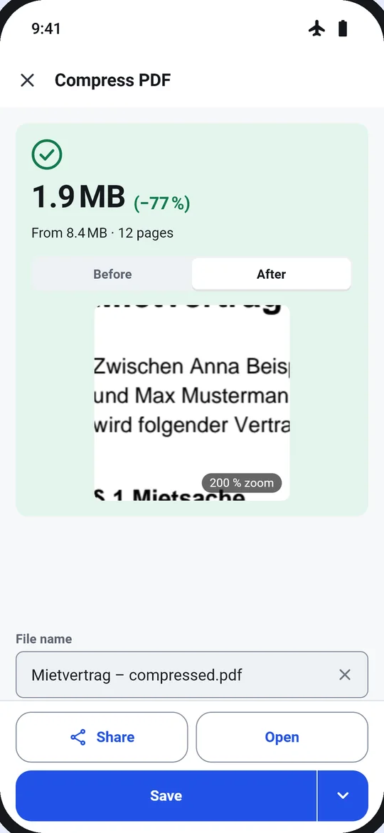 Compress PDF result in Dokulo: 1.9 MB, minus 77 percent, from 8.4 MB and 12 pages, with Share, Open and Save