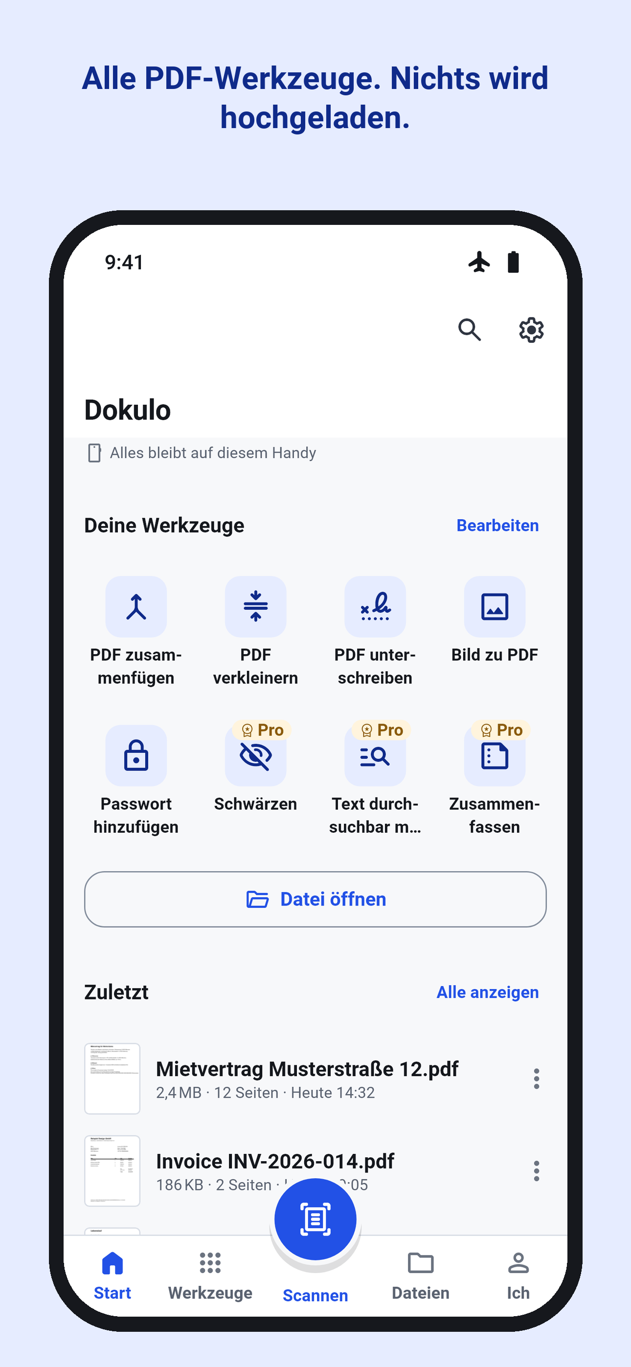 Der Startbildschirm mit den Werkzeugen und zuletzt genutzten Dateien, im Flugmodus
