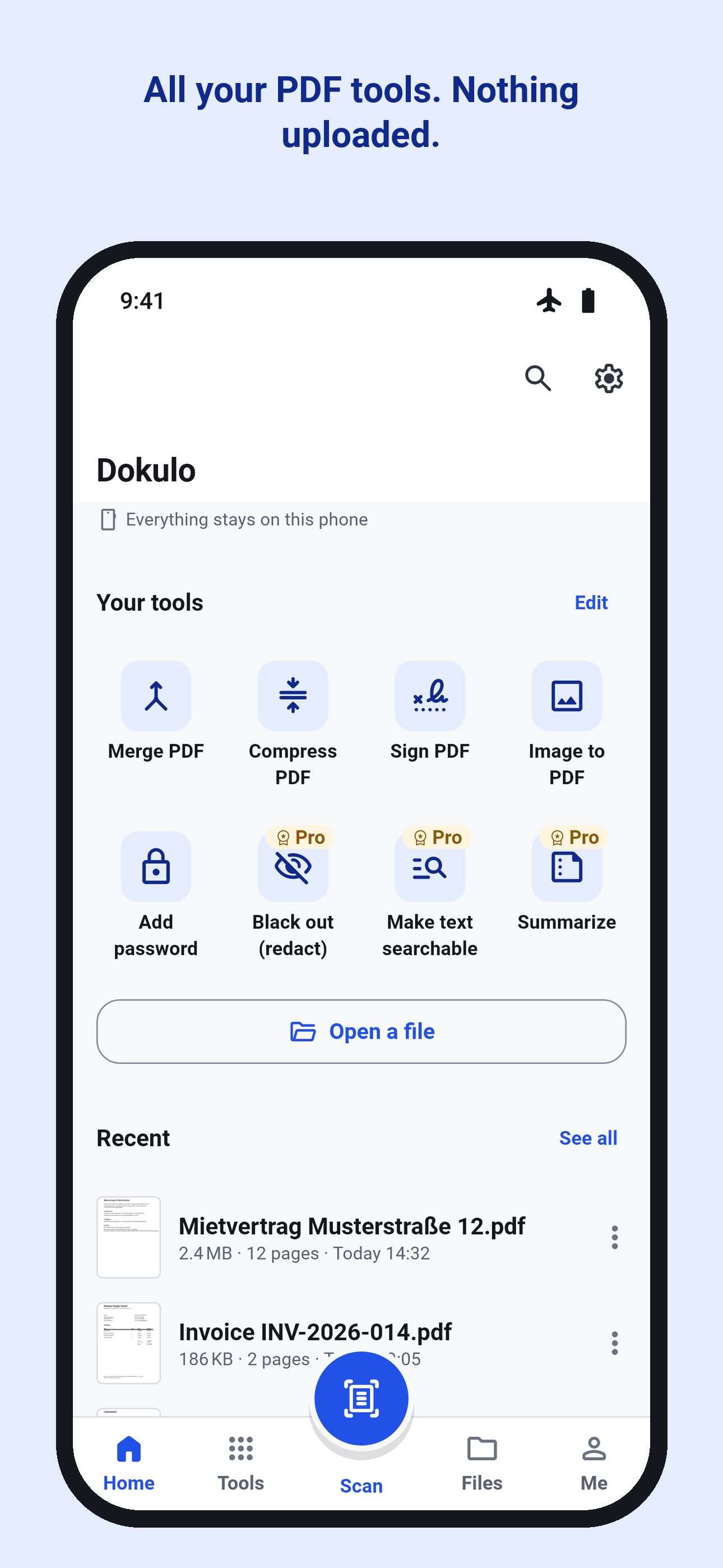 The Home screen with the tools and recent files, in airplane mode